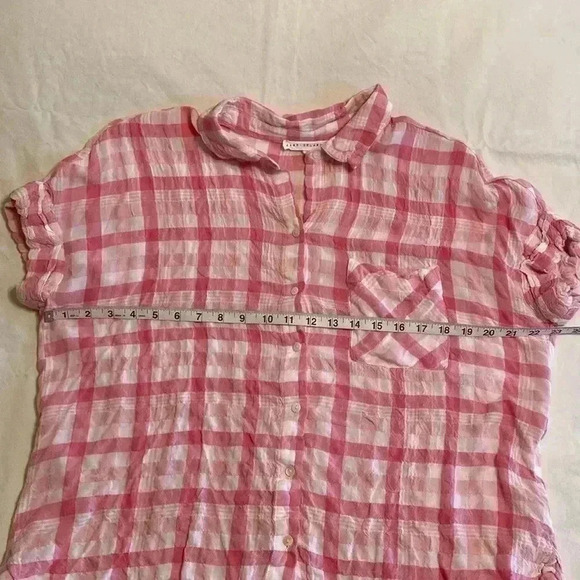 Jane+Delancey Pink & White Checked Short Sleeve Button Front Shirt in Size Large - Picture 7 of 10